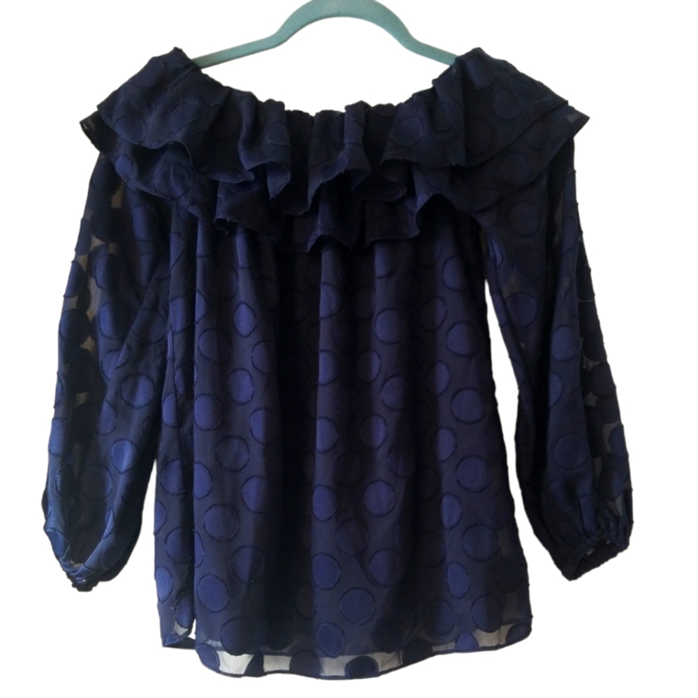Michael Kors Ruffle Off- Shoulder Peasant Blouse in Navy; Petite